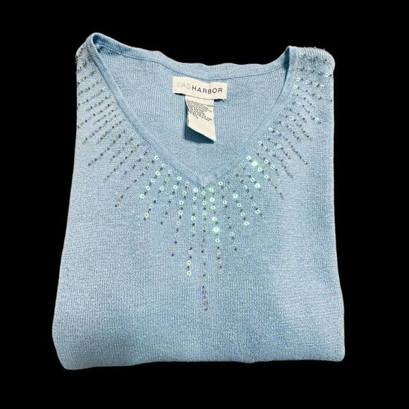 Vintage mid blue Sag Harbor V neck 3/4 sleeve sweater w sequin detail size small - Picture 10 of 11